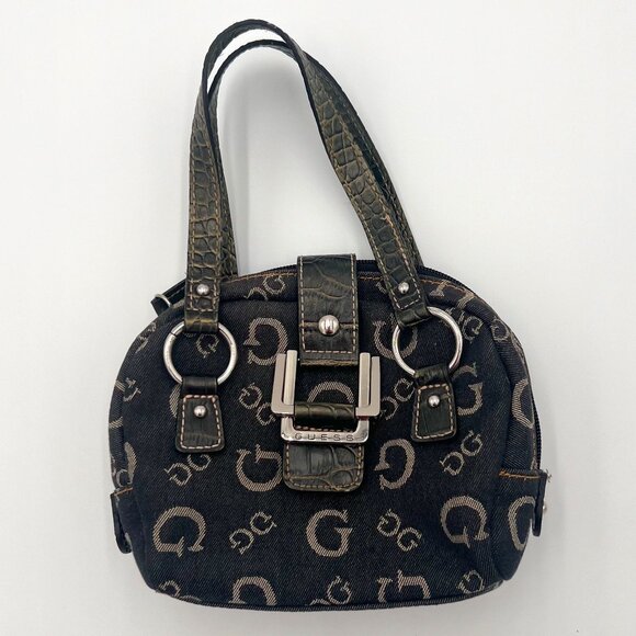 Guess Y2K Vintage Mini Micro Shoulder Monogram Denim Flap Purse Bag Black Gray - Picture 1 of 8